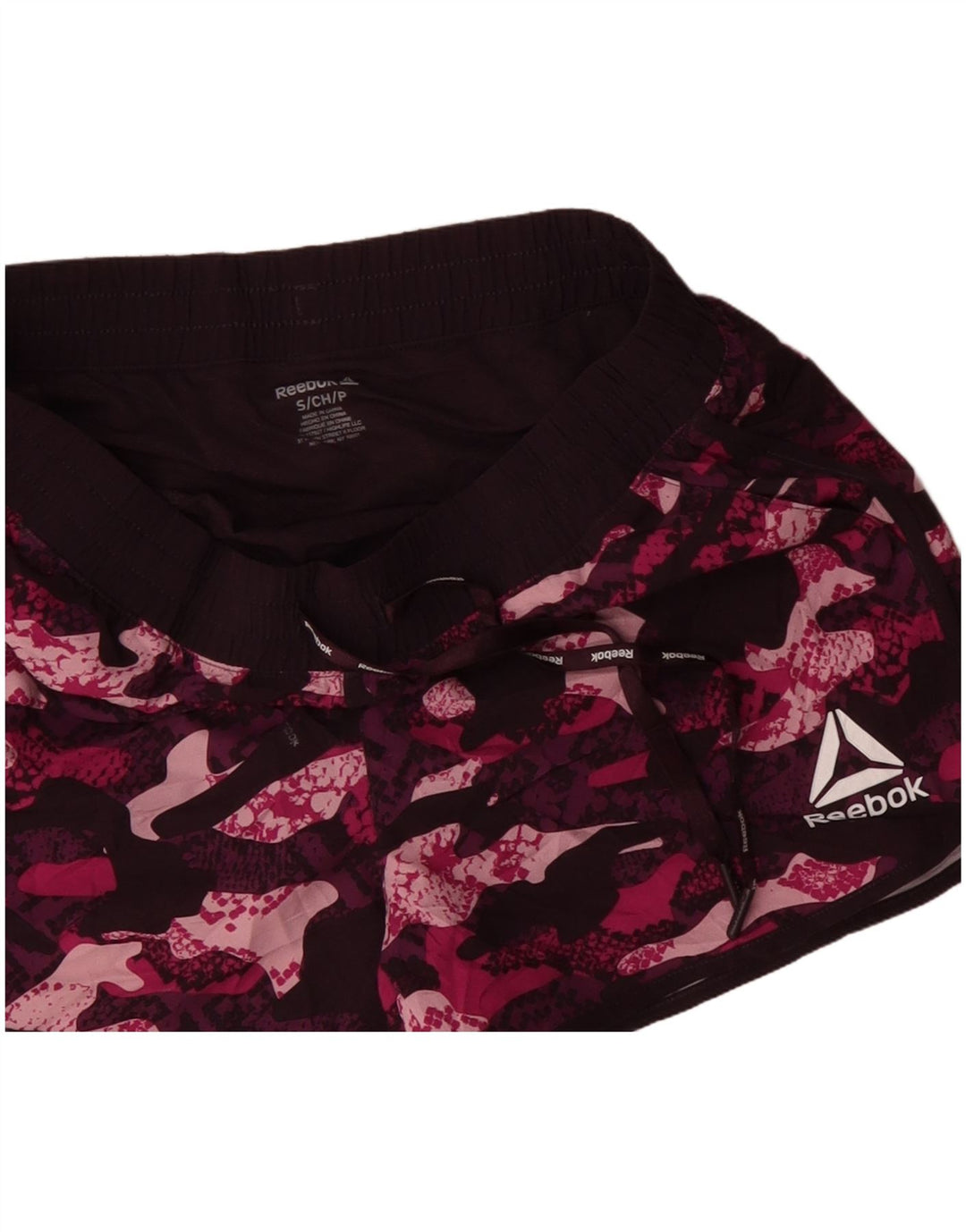 Pantaloncini sportivi REEBOK da donna UK 10 piccoli in poliestere mimetico bordeaux
