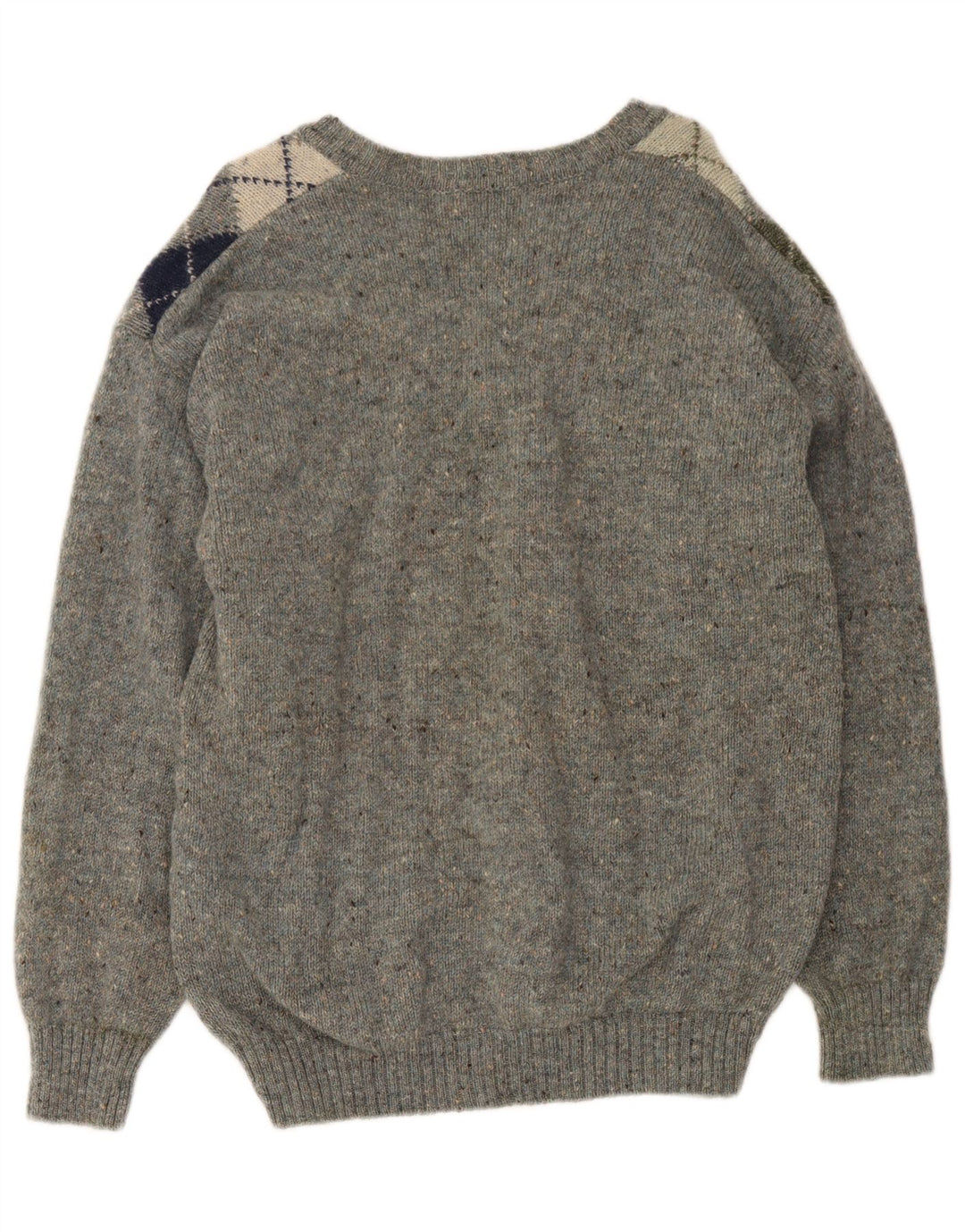 Maglione vintage da uomo con scollo a V in lana vergine grigio medio a rombi/diamanti