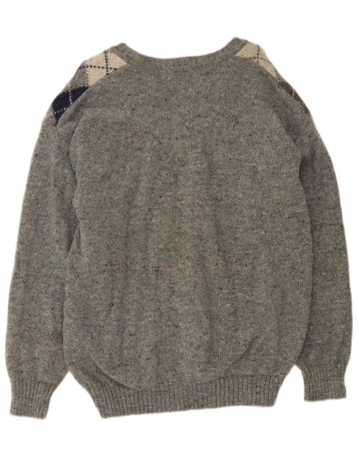 Maglione vintage da uomo con scollo a V in lana vergine grigio medio a rombi/diamanti