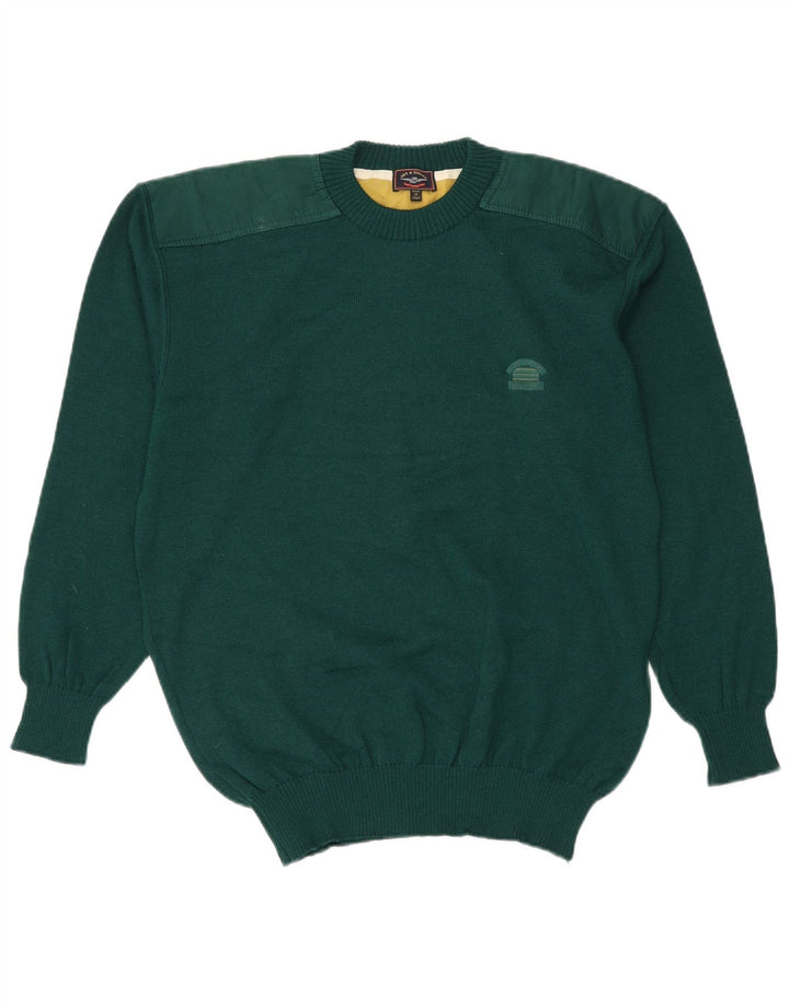 Maglione girocollo da uomo vintage in lana vergine verde grande