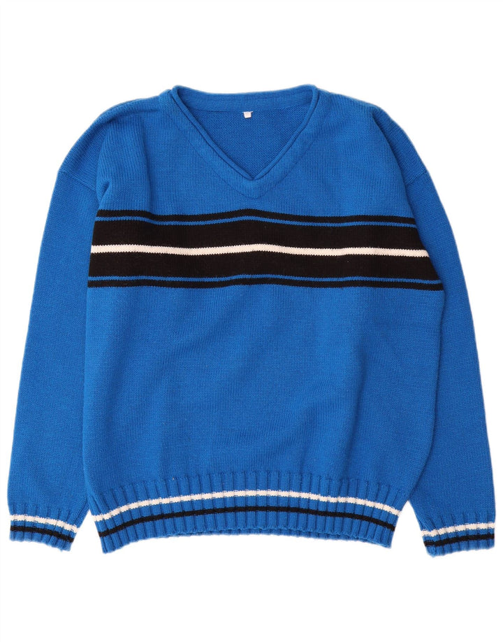 Maglione vintage da uomo con scollo a V color block blu medio