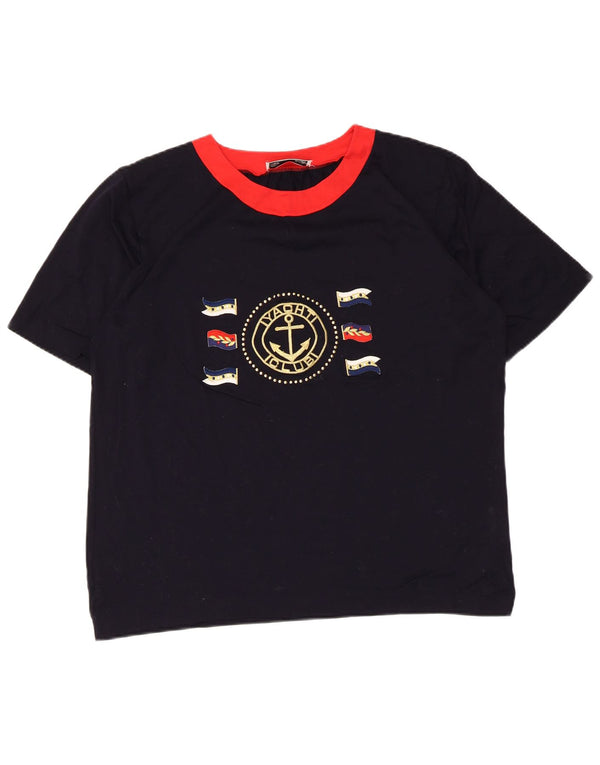 T-shirt grafica da donna vintage Top UK 16 grande blu navy