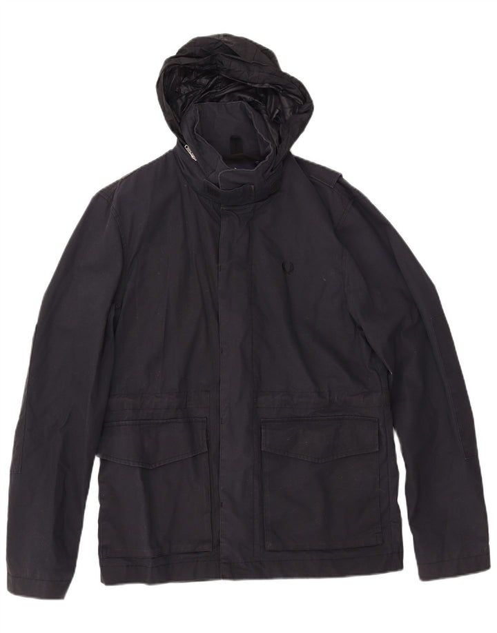 Giacca a vento con cappuccio da uomo FRED PERRY UK 36 piccola in cotone blu navy