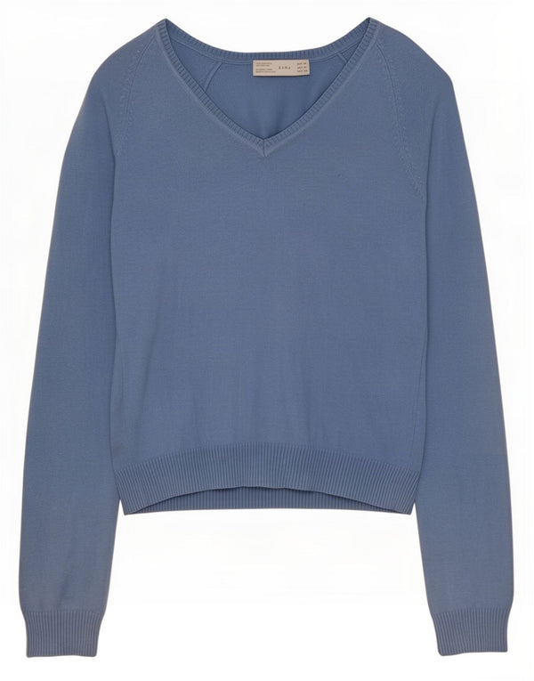 Maglione da donna con scollo a V Zara UK 12 Cotone blu medio