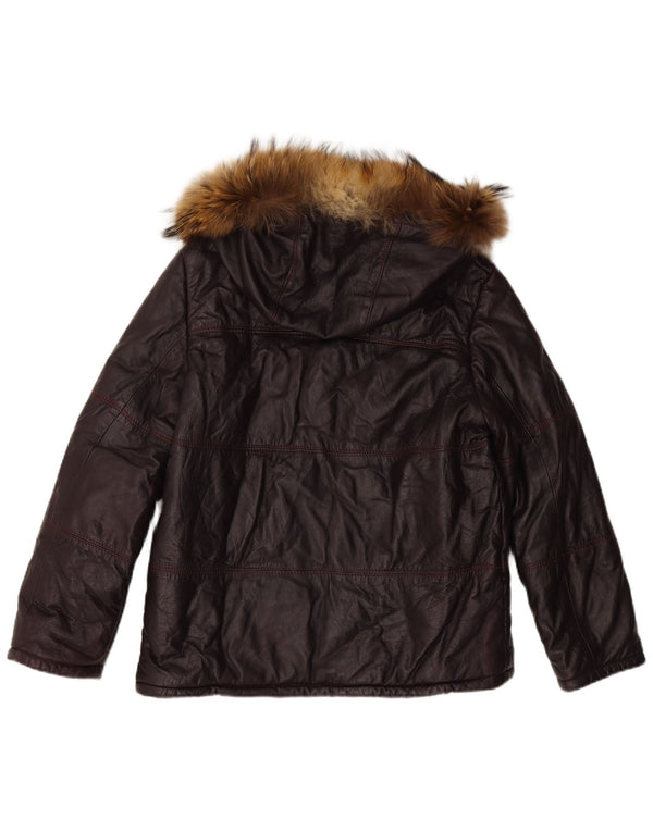 Giacca in pelle con cappuccio da donna VINTAGE UK 16 grande marrone