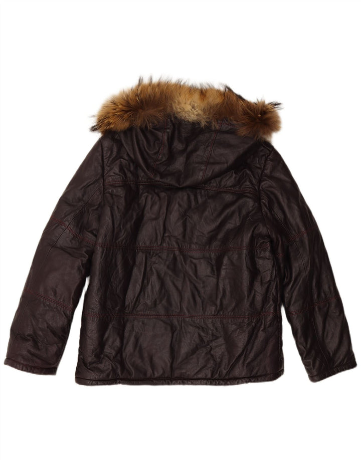 Giacca in pelle con cappuccio da donna VINTAGE UK 16 grande marrone