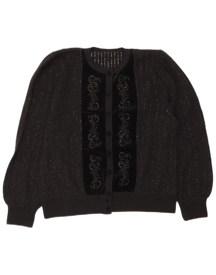 Maglione cardigan da donna vintage IT 46 lana a righe grigie grandi