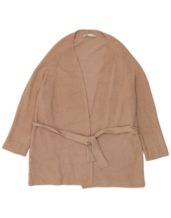 Zara Maglione cardigan oversize a linea lunga da donna UK 14 Viscosa beige medio