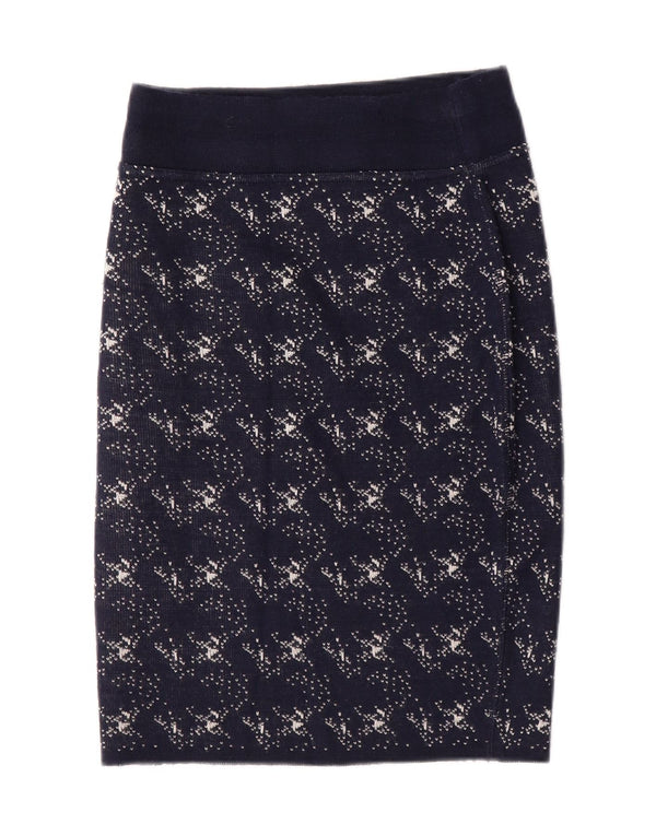 KOOKAI Womens Abstract Pattern Straight Skirt W24 XS Navy Blue Wool