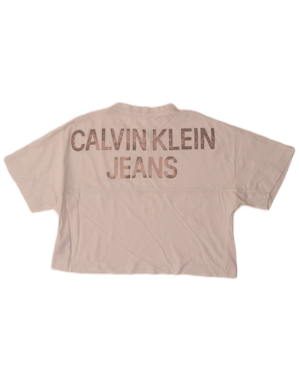 Calvin Klein Jeans T-shirt grafica oversize corta da donna Top UK 6 XS Bianca