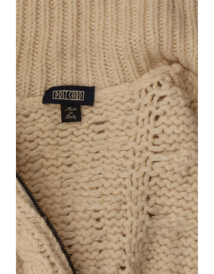 Maglione cardigan con zip intera da uomo con cartolina postale piccolo in lana bianco sporco