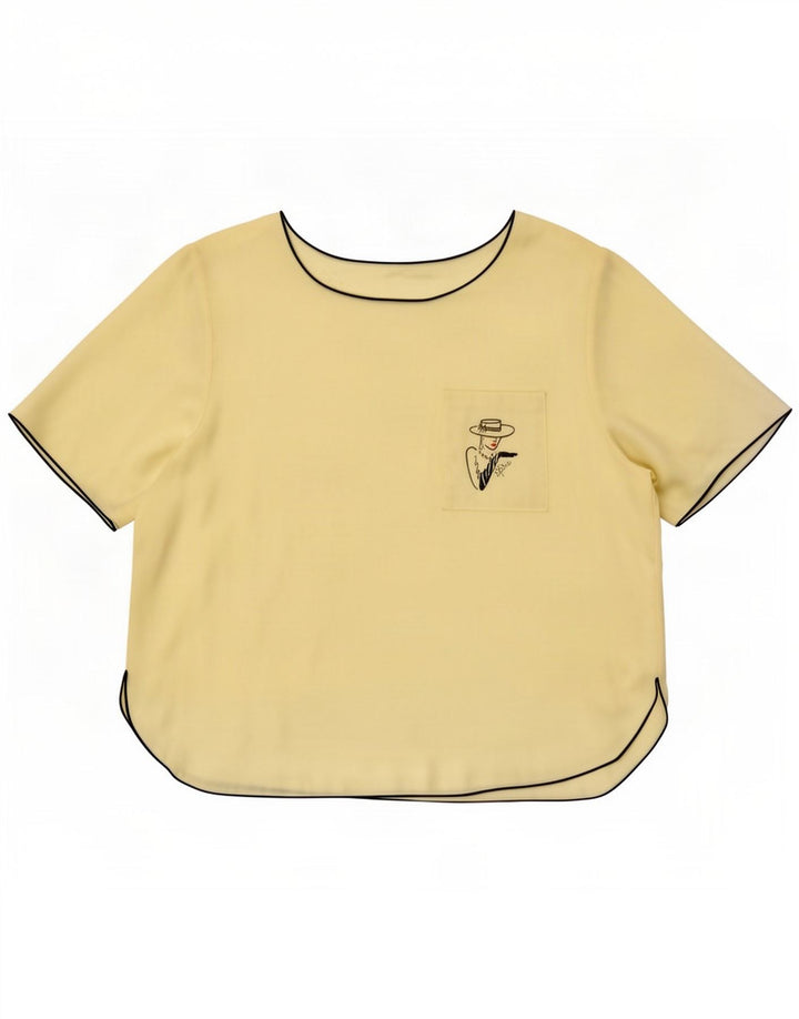 Top camicetta grafica da donna vintage UK 16 grande giallo