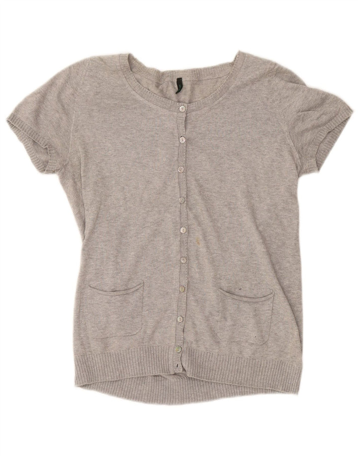 BENETTON Maglione cardigan a maniche corte da donna UK 12 Grigio medio screziato