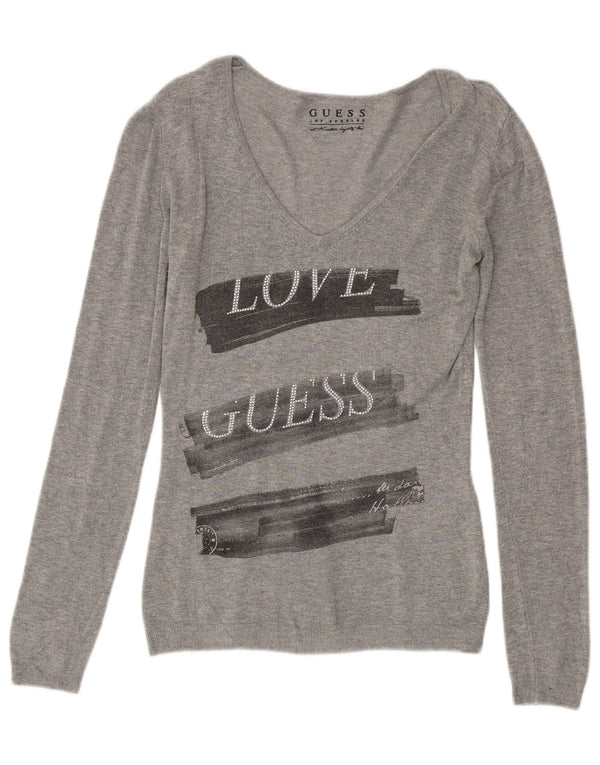 Guess Maglione da donna con scollo a V grafico UK 6 XS Viscosa grigia