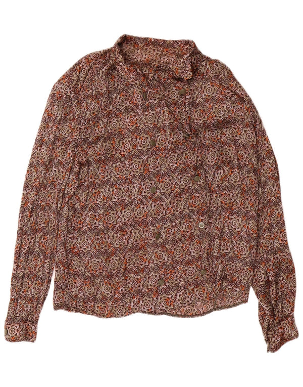 Camicetta camicia doppiopetto vintage da donna UK 16 grande marrone geometrica