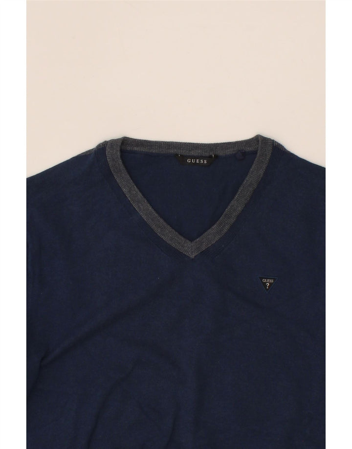 GUESS Mens V-Neck Jumper Sweater Small Navy Blue Vintage Guess and Second-Hand Guess from Messina Hembry 