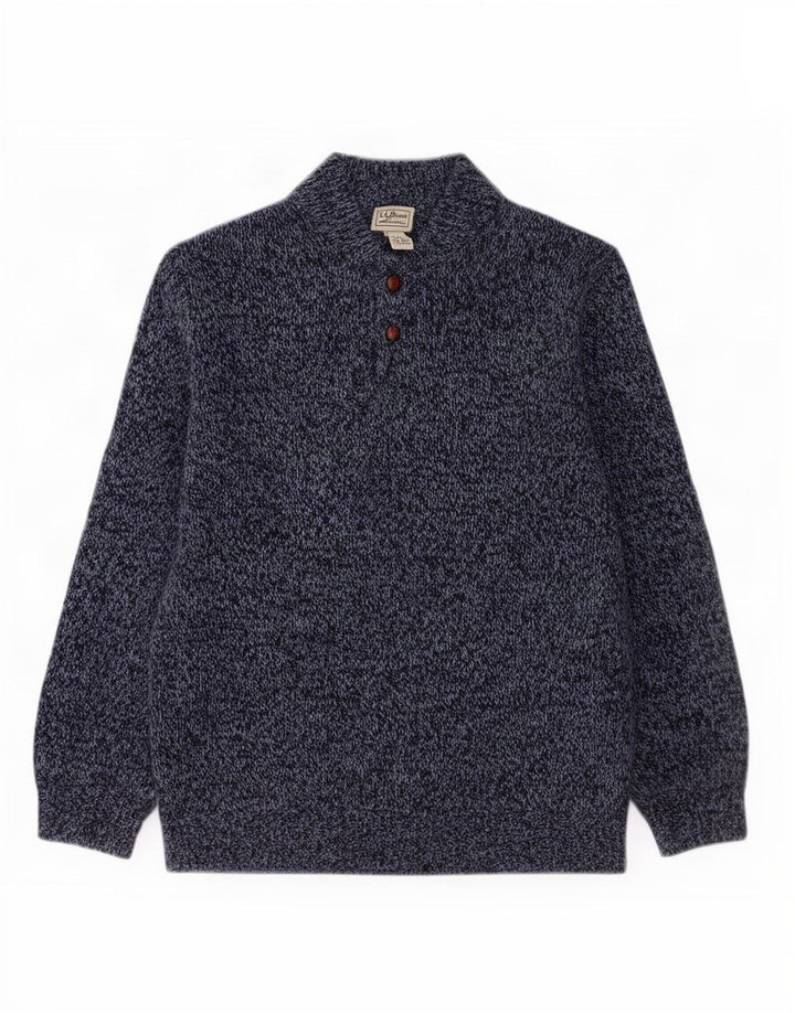 Maglione da uomo L.L.Bean con bottoni e collo XL in lana d'agnello screziata blu navy