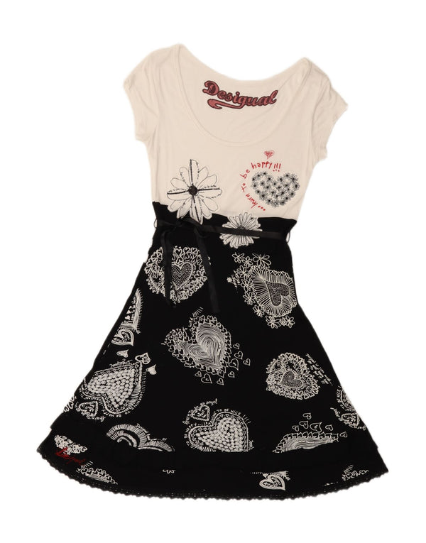 DESIGUAL Womens Graphic A-Line Dress UK 12 Medium White Floral Viscose