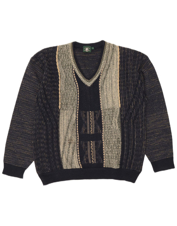 Maglione vintage da uomo con scollo a V XL in acrilico color block blu navy