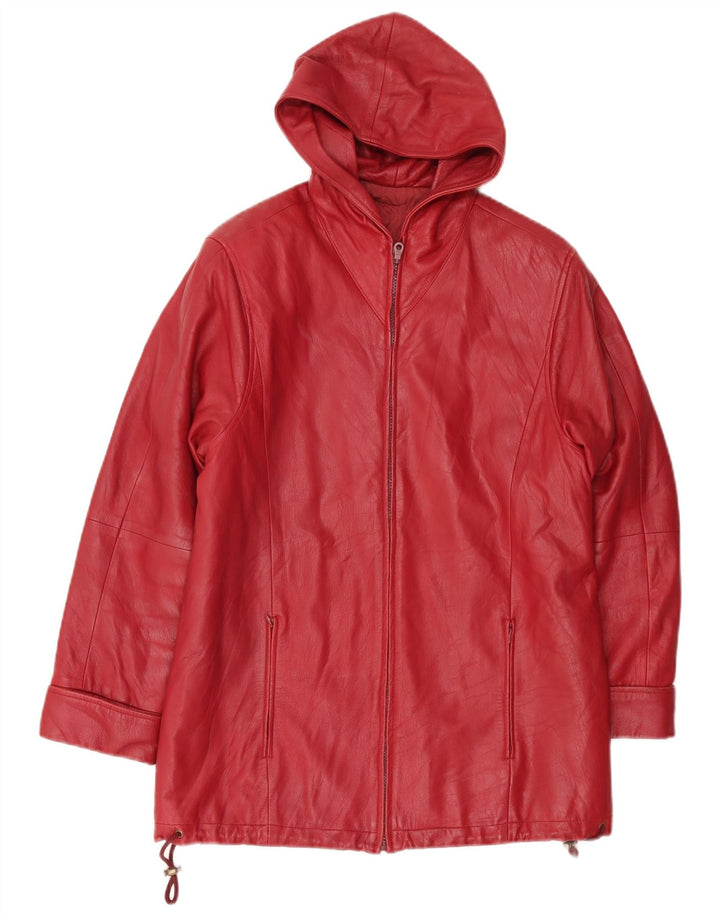 Cappotto in pelle con cappuccio da donna vintage UK 12 rosso medio