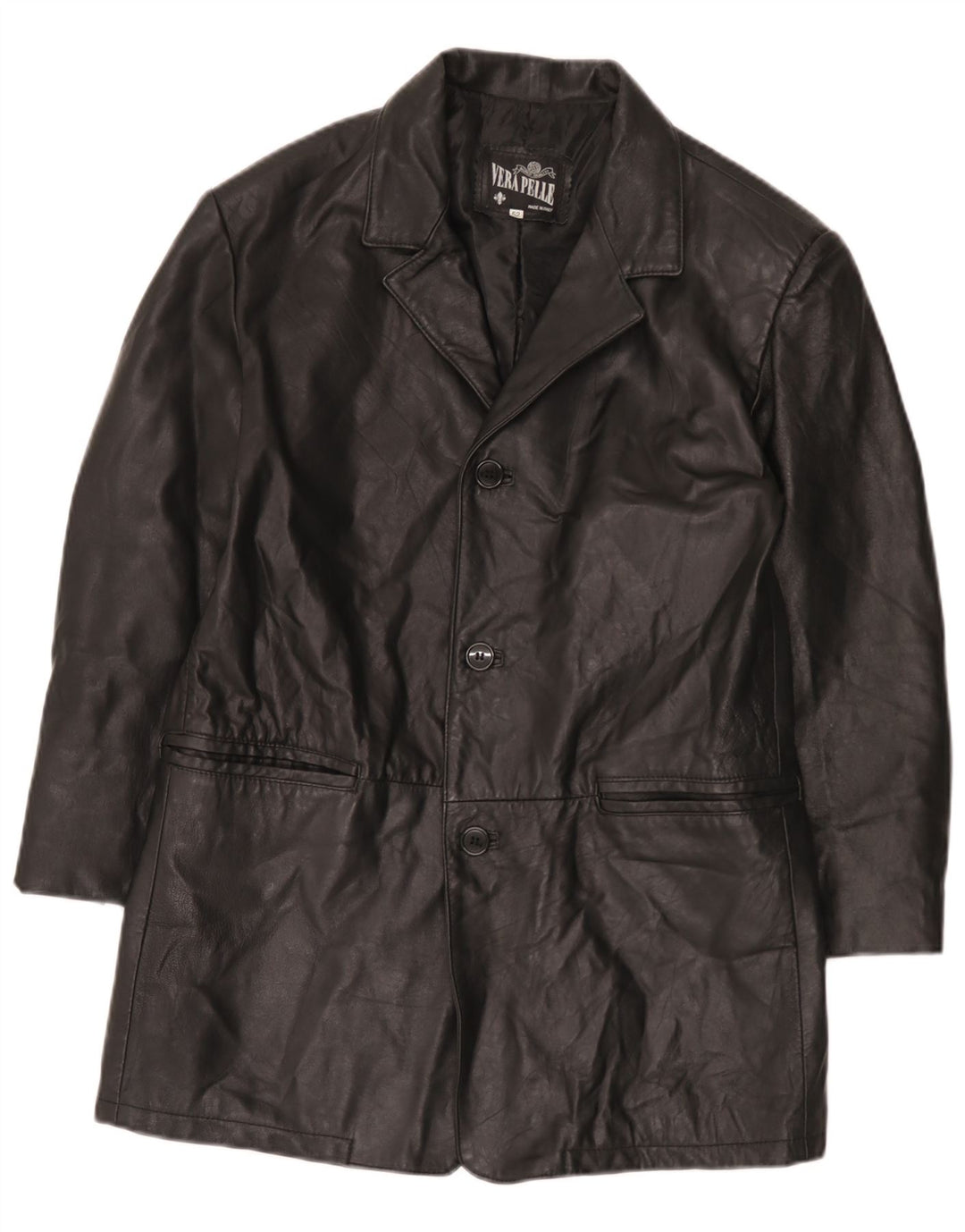 Giacca blazer in pelle vintage da uomo a 3 bottoni IT 52 XL in pelle nera