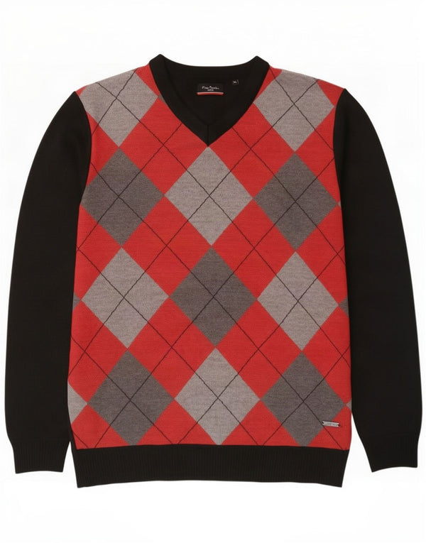 Pierre Cardin Mens V-Neck Jumper Sweater XL Black Argyle/Diamond Polyester