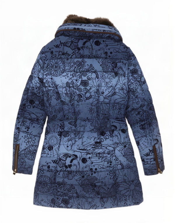 Desigual Womens Hooded Padded Coat EU 40 Medium Blue Floral Polyester
