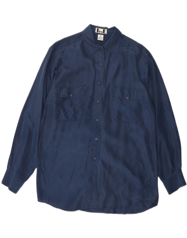 Camicia oversize da donna VINTAGE UK 10 piccola seta blu navy