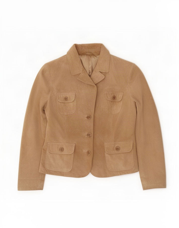 Giacca blazer vintage da donna in pelle scamosciata a 3 bottoni IT 46 grande in pelle beige