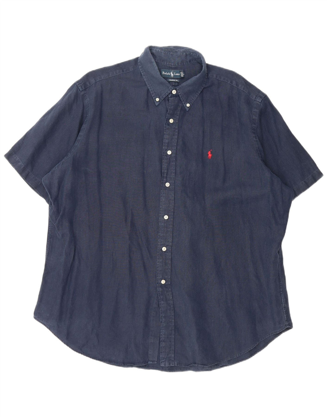 RALPH LAUREN Camicia da uomo a maniche corte vestibilità classica 2XL Lino blu navy