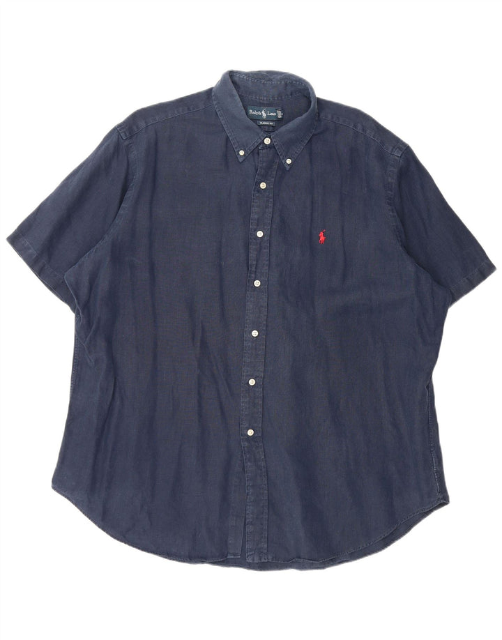 RALPH LAUREN Camicia da uomo a maniche corte vestibilità classica 2XL Lino blu navy