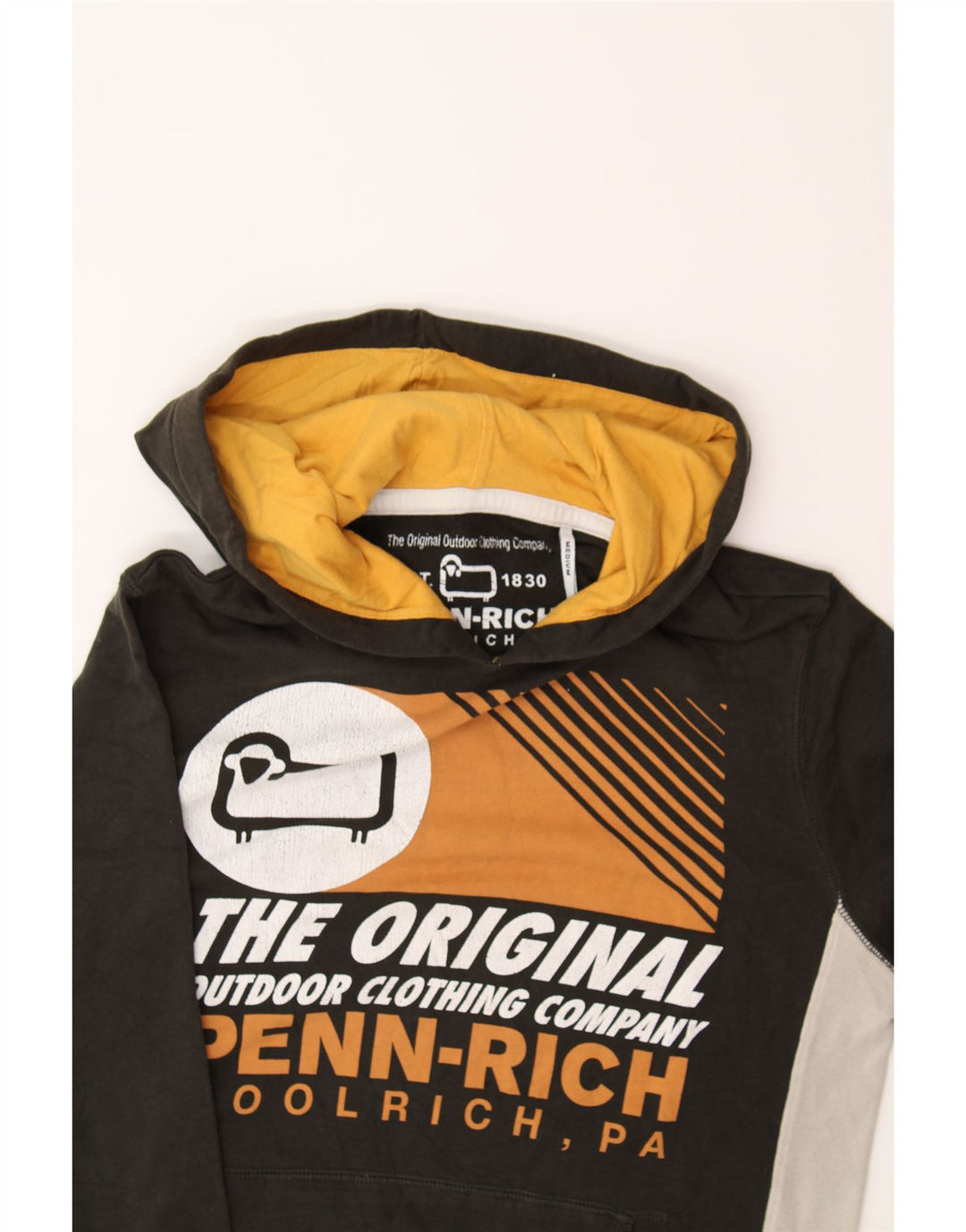 WOOLRICH Womens Graphic Hoodie Jumper UK 14 Medium Black Colourblock Vintage Woolrich and Second-Hand Woolrich from Messina Hembry 