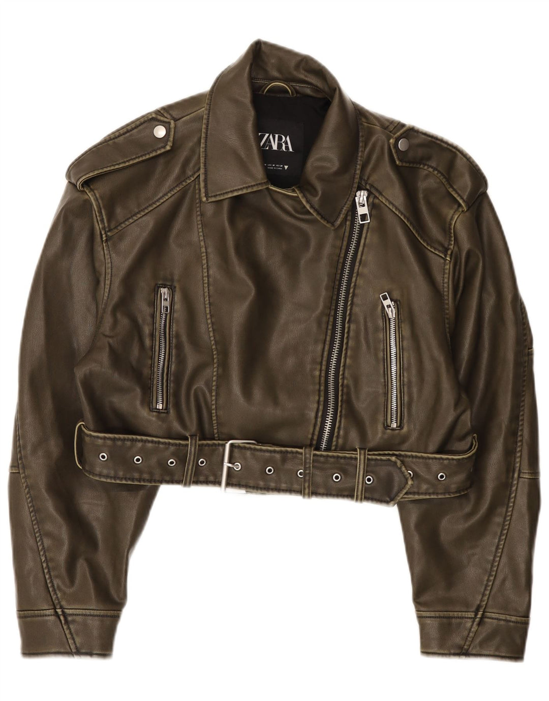 Giacca da motociclista in ecopelle corta da donna Zara UK 14 Poliestere verde medio