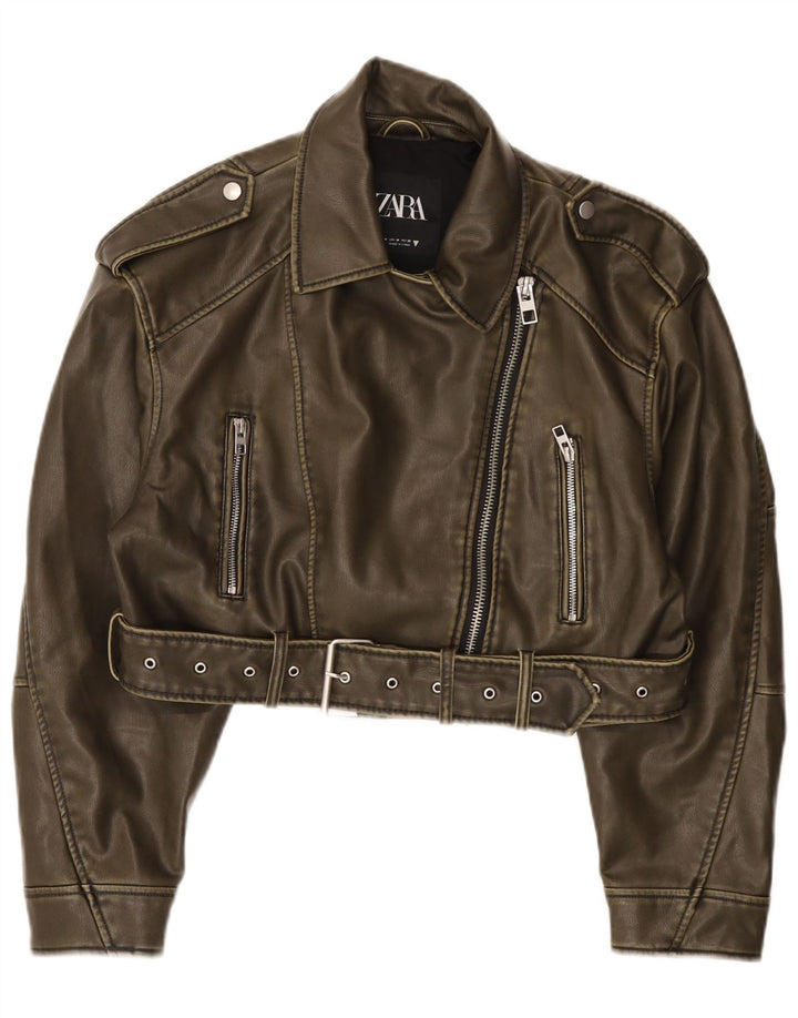 Giacca da motociclista in ecopelle corta da donna Zara UK 14 Poliestere verde medio