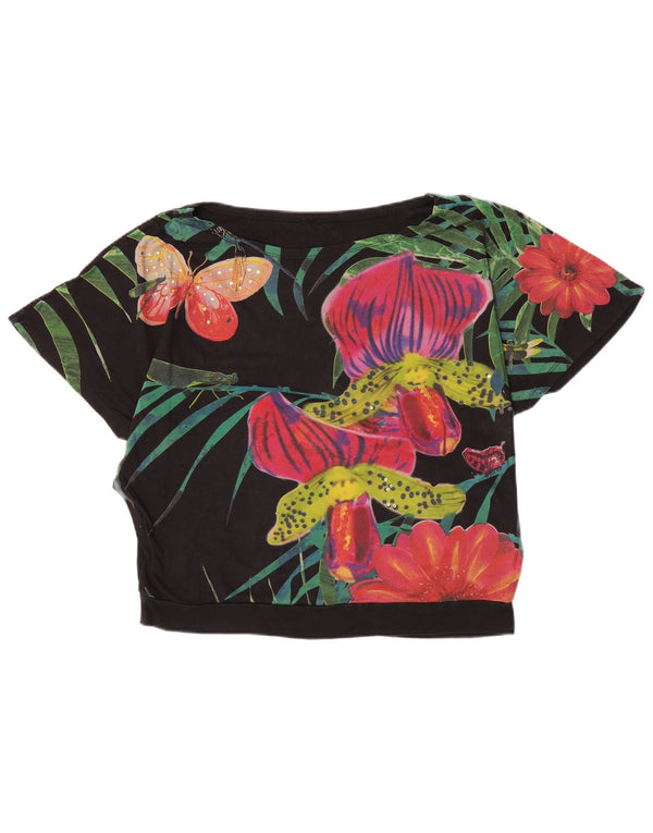Desigual T-shirt grafica da donna Top UK 16 grande cotone floreale nero