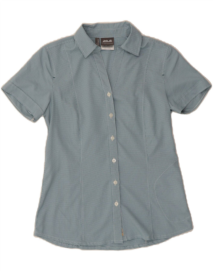 JACK WOLFSKIN Womens Short Sleeve Shirt UK 10 Small Blue Gingham Polyester Vintage Jack Wolfskin and Second-Hand Jack Wolfskin from Messina Hembry 