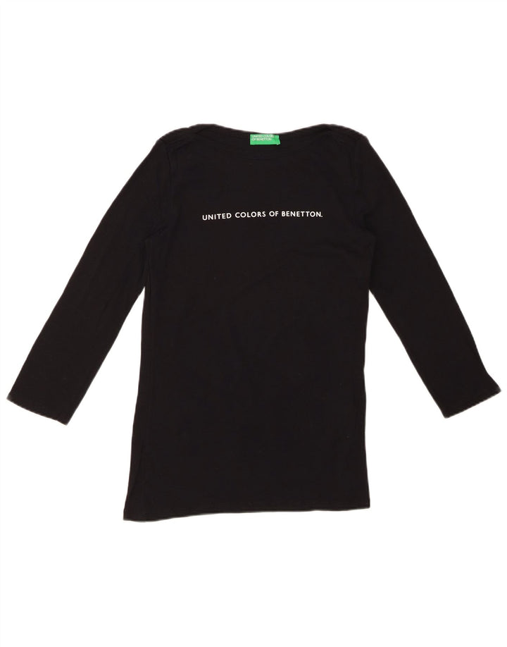 BENETTON Top grafico da donna manica 3/4 UK 8 piccolo nero