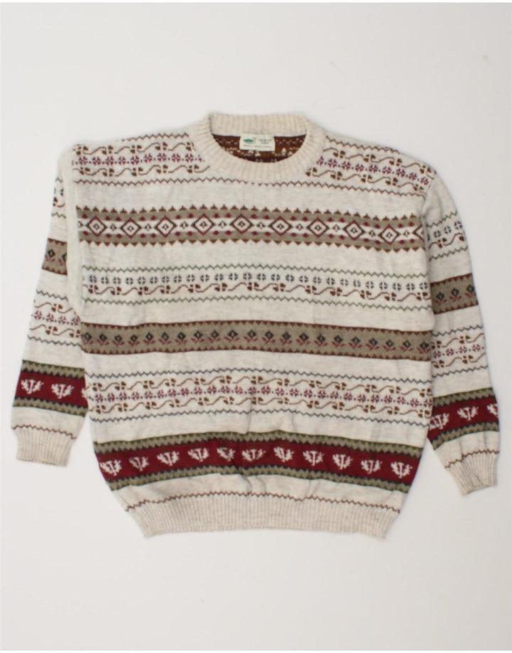 Maglione girocollo da uomo vintage in lana geometrica bianco sporco grande
