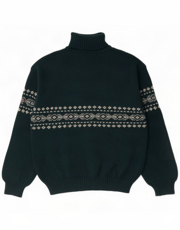 Vintage Mens Roll Neck Jumper Sweater Small Green Fair Isle Virgin Wool