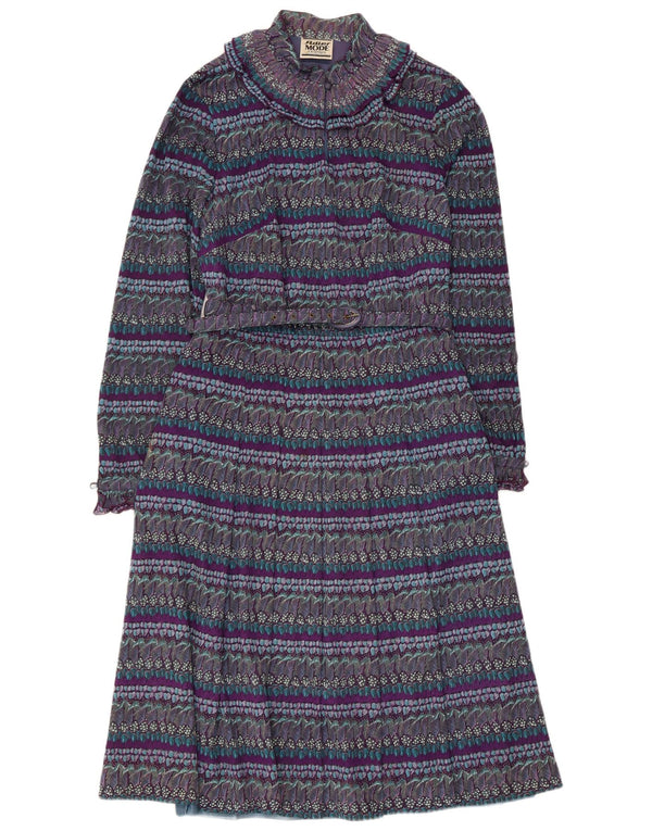 Abito lungo da donna vintage con motivo astratto UK 8 piccolo color block viola