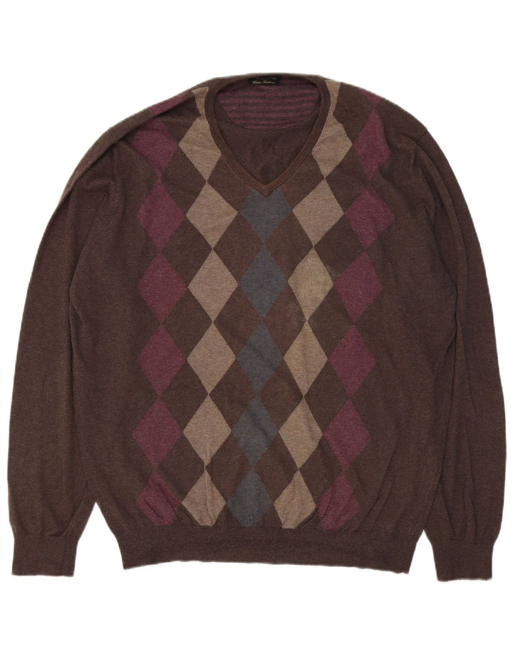 Massimo Dutti Maglione da uomo con scollo a V XL Marrone Argyle/Diamond Cotton