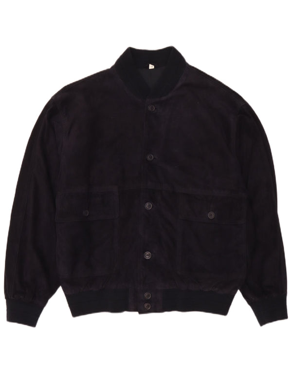 Giubbotto bomber vintage in pelle scamosciata da uomo IT 50 grande in pelle blu navy