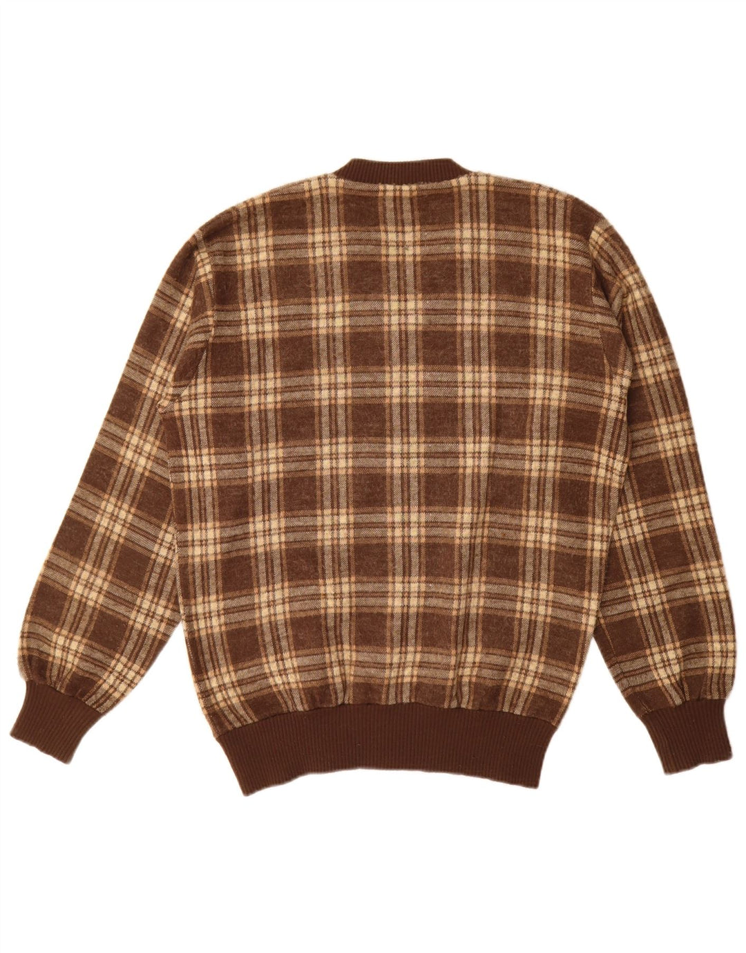 Maglione da uomo vintage con scollo a V, grande acrilico a quadri marroni