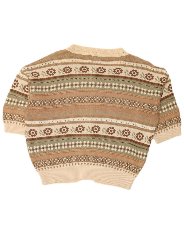 STEFANEL Womens Short Sleeve Cardigan Sweater UK 14 Medium Beige Fair Isle