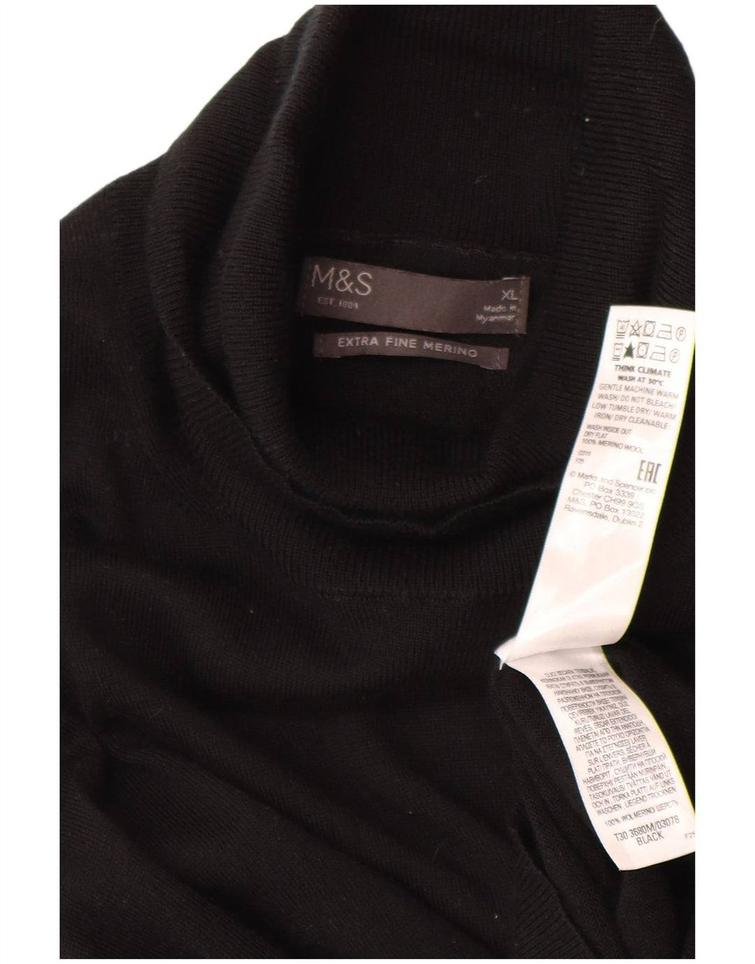 Maglione maglione da uomo Marks & Spencer a collo alto XL in lana merino nera