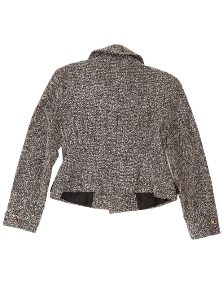 Giacca blazer doppiopetto vintage da donna corta UK 8 piccola grigia chiazzata