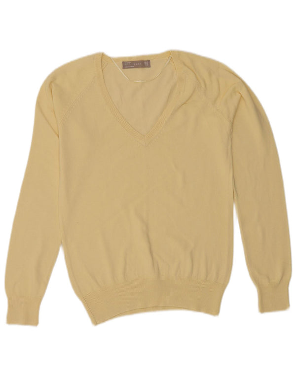 Maglione maglione con scollo a V da donna Zara UK 12 cotone giallo medio