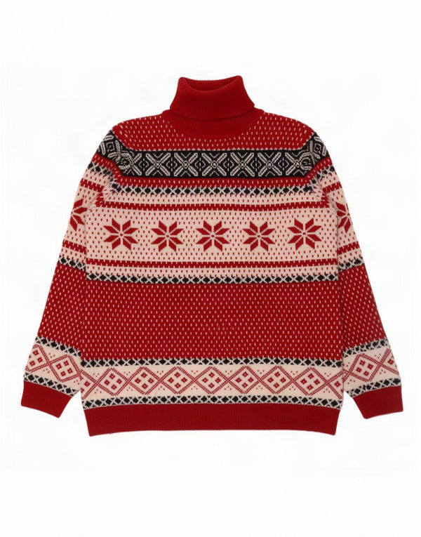 Marco Pecci Maglione maglione a collo alto da donna UK 20 2XL Lana Fair Isle rossa
