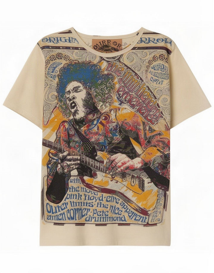 Mirror T-shirt da uomo con grafica Jimi Hendrix Top in cotone beige medio