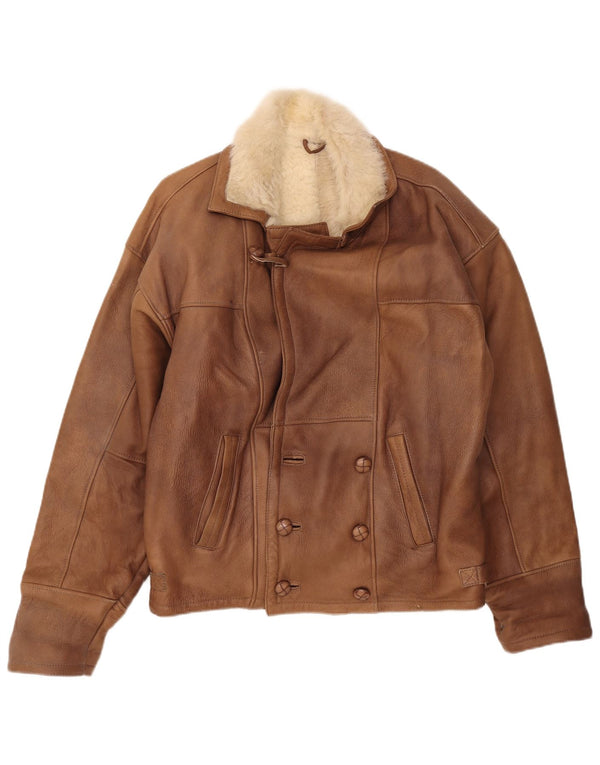 Giacca in shearling doppiopetto vintage da uomo UK 40 Large Marrone Colourblock